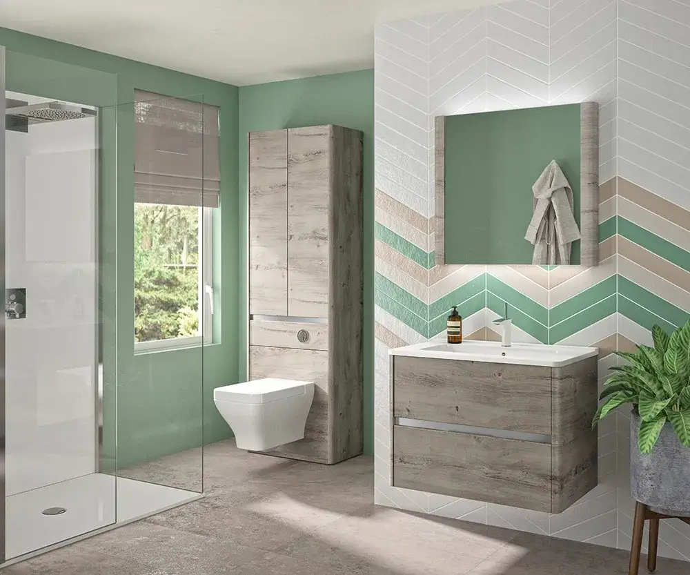 Dolce bathroom theme decor with bathroom sink, mirror, storage, toilet and shower