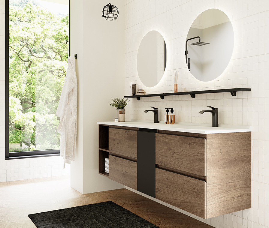 Natural tones with black accents bathroom trends